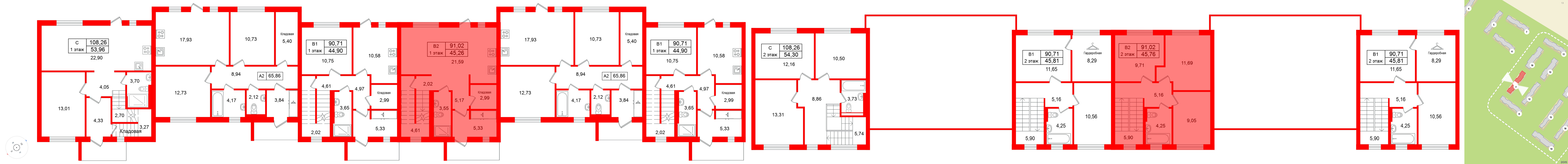 Квартира в ЖК СветЛО, 3 комнатная, 91.02 м², 1 этаж