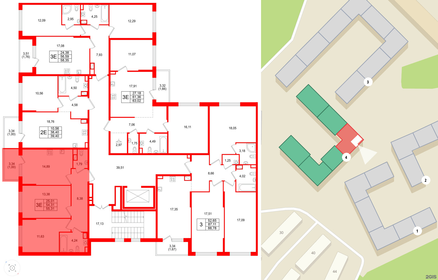 Квартира в ЖК Охтинские высоты, 2 комнатная, 55.31 м², 2 этаж