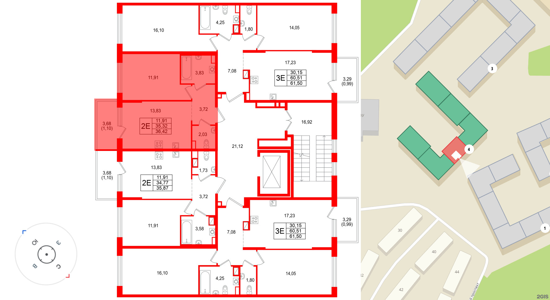 Квартира в ЖК «Охтинские высоты», 1 комнатная, 35.87 м², 2 этаж