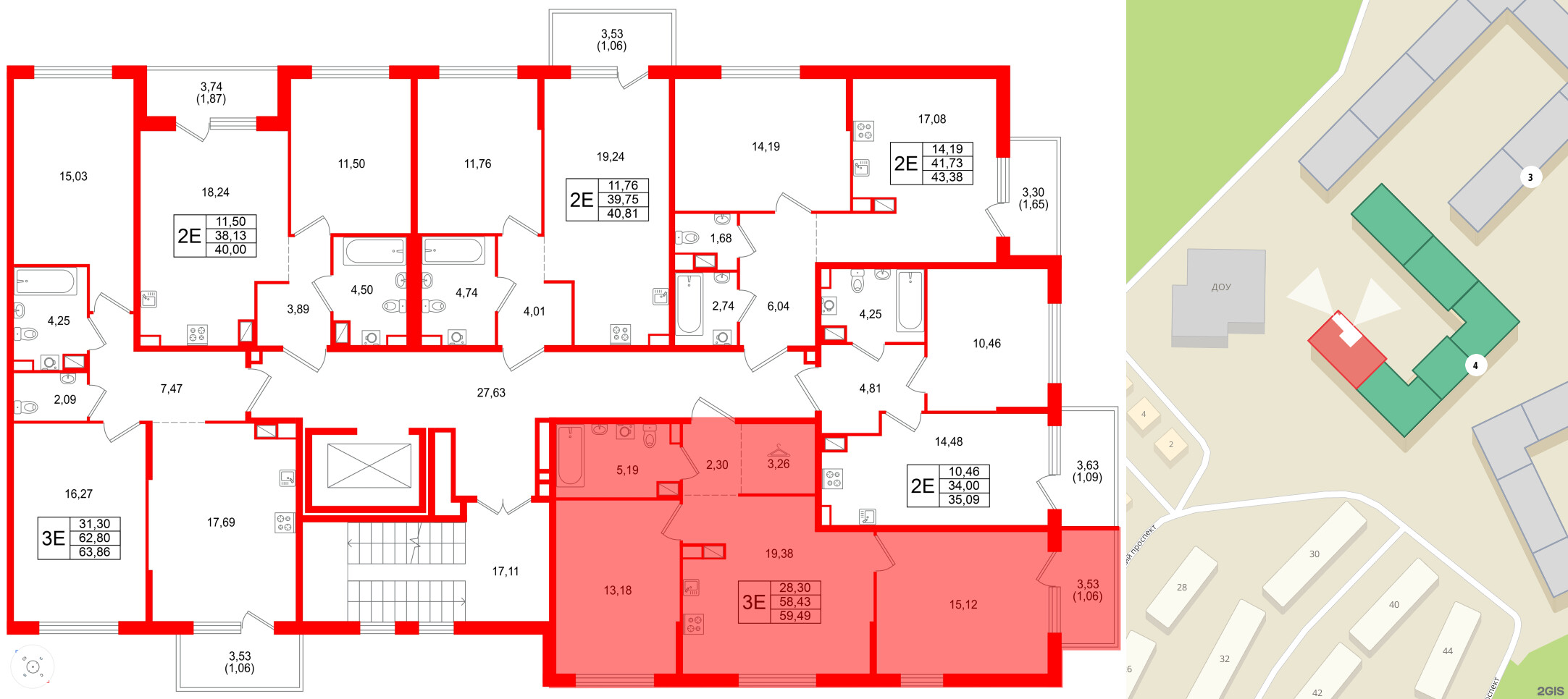 Квартира в ЖК Охтинские высоты, 2 комнатная, 59.49 м², 2 этаж
