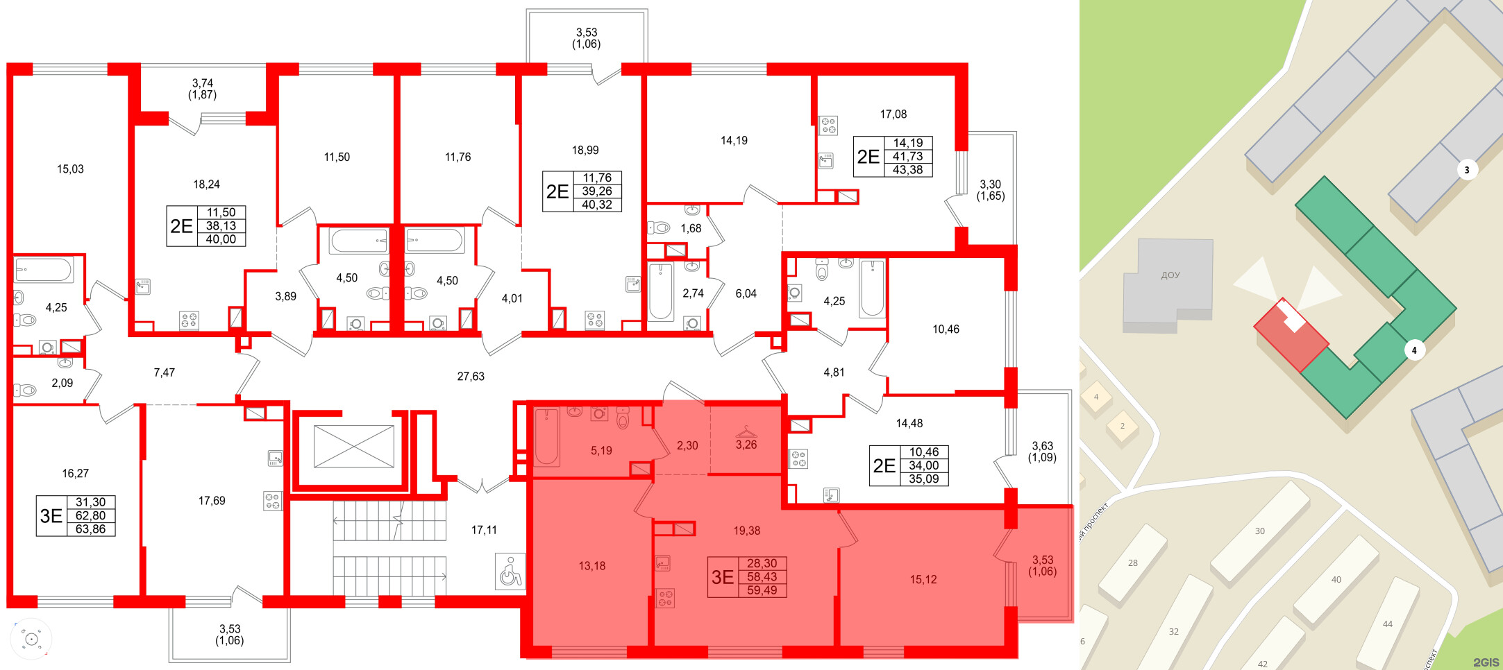 Квартира в ЖК Охтинские высоты, 2 комнатная, 59.49 м², 4 этаж