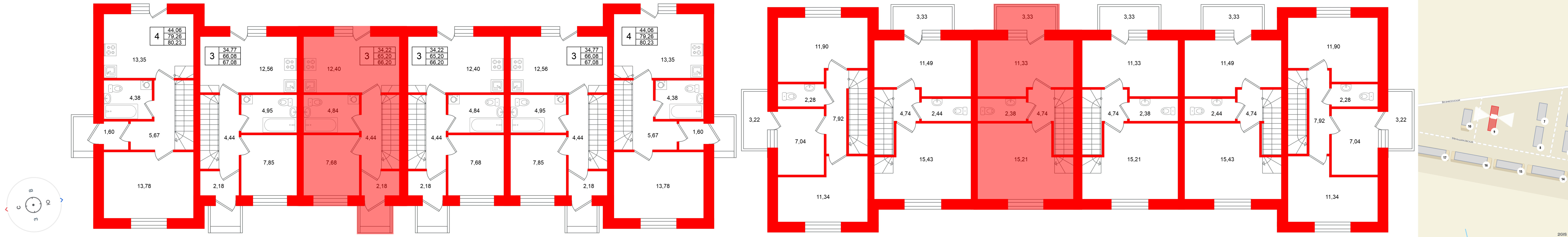 Квартира в ЖК «Федоровское», 3 комнатная, 66.36 м², 1 этаж