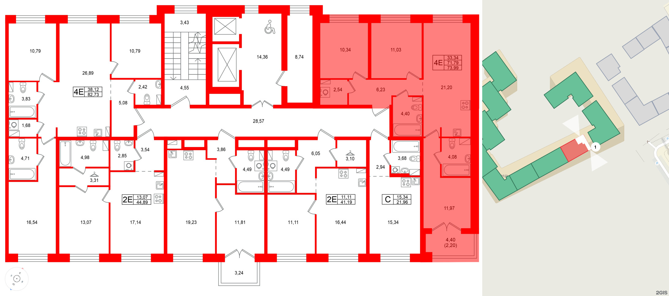 Квартира в ЖК Остров Первых, 3 комнатная, 73.99 м², 6 этаж