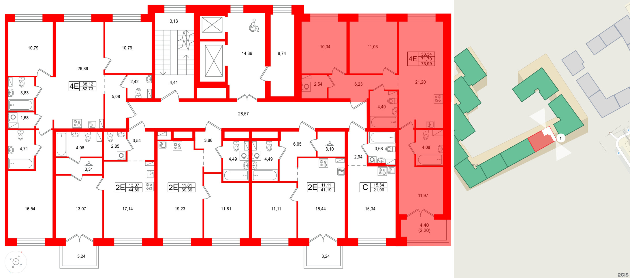 Квартира в ЖК Остров Первых, 3 комнатная, 73.99 м², 8 этаж