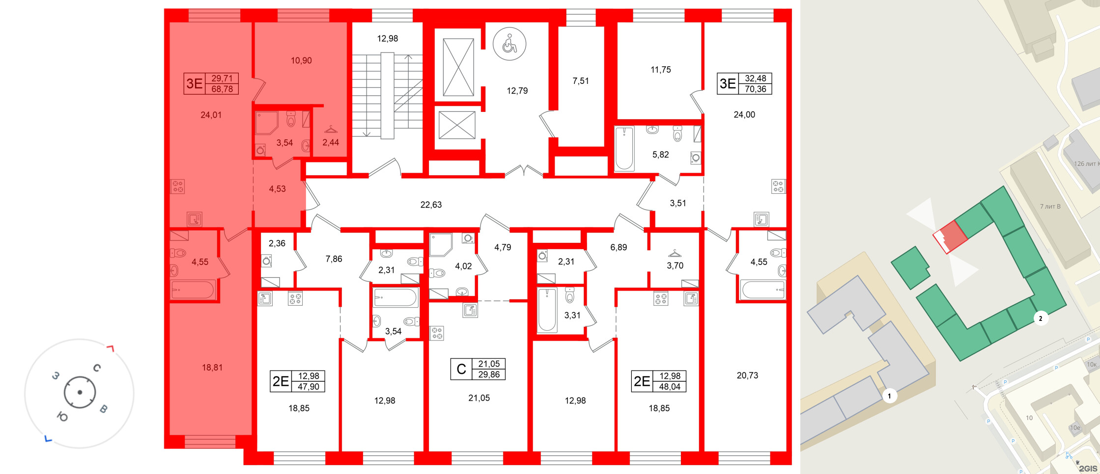 Квартира в ЖК Остров Первых, 2 комнатная, 68.78 м², 8 этаж