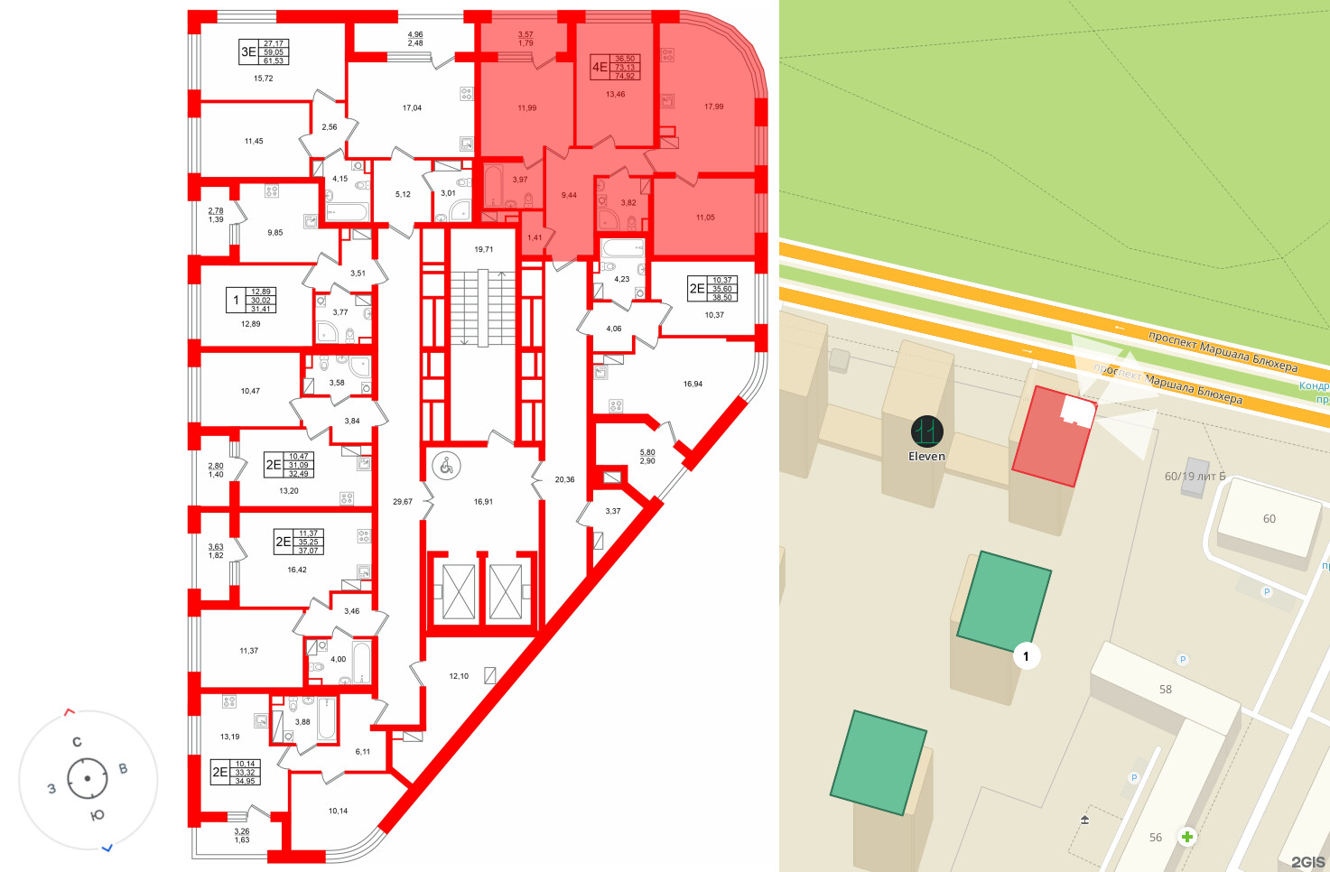 Квартира в ЖК Аурум, 3 комнатная, 74.92 м², 16 этаж