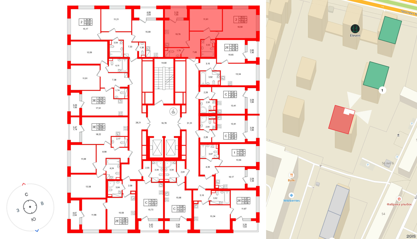 Квартира в ЖК Аурум, 2 комнатная, 53.82 м², 5 этаж