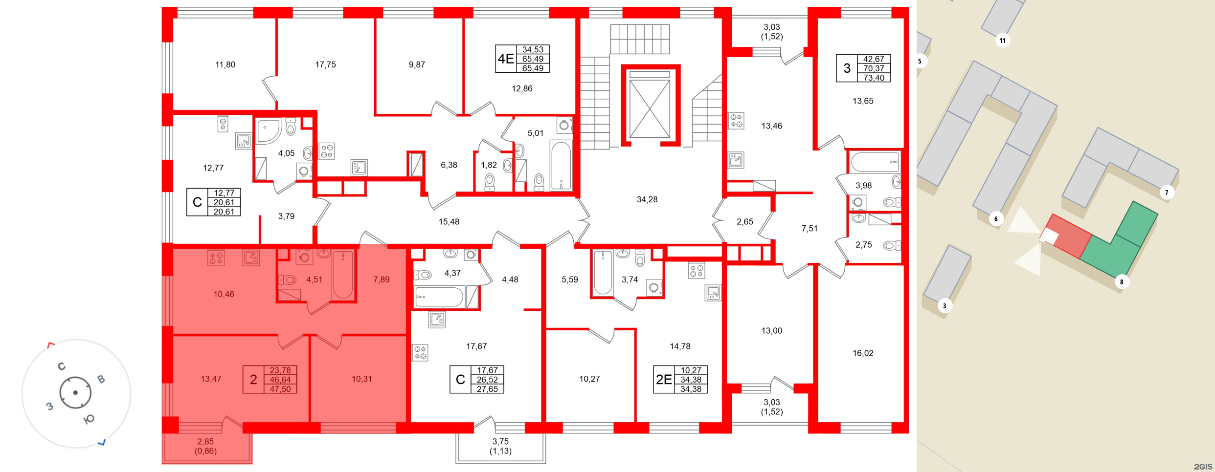 Квартира в ЖК «Плюс Пулковский», 2 комнатная, 47.5 м², 2 этаж