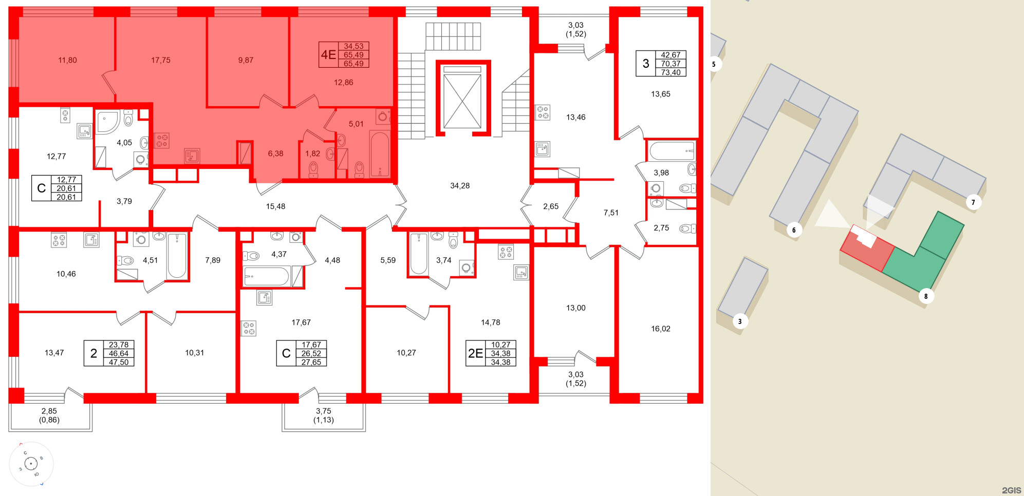 Квартира в ЖК Plus Пулковский, 3 комнатная, 65.49 м², 2 этаж