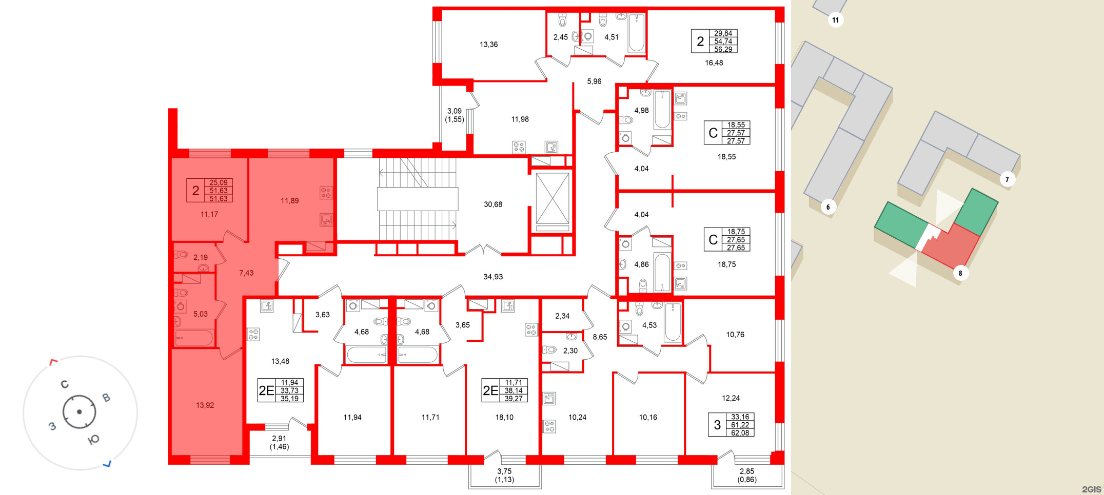 Квартира в ЖК «Плюс Пулковский», 2 комнатная, 51.63 м², 3 этаж