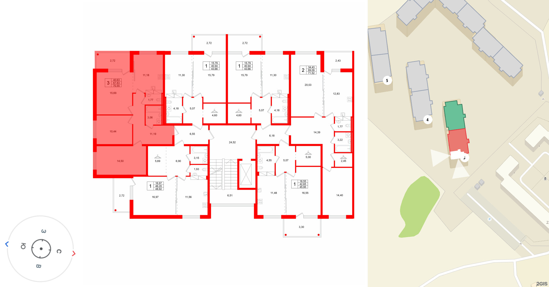 Квартира в ЖК «Финский Квартал», 3 комнатная, 70.55 м², 5 этаж