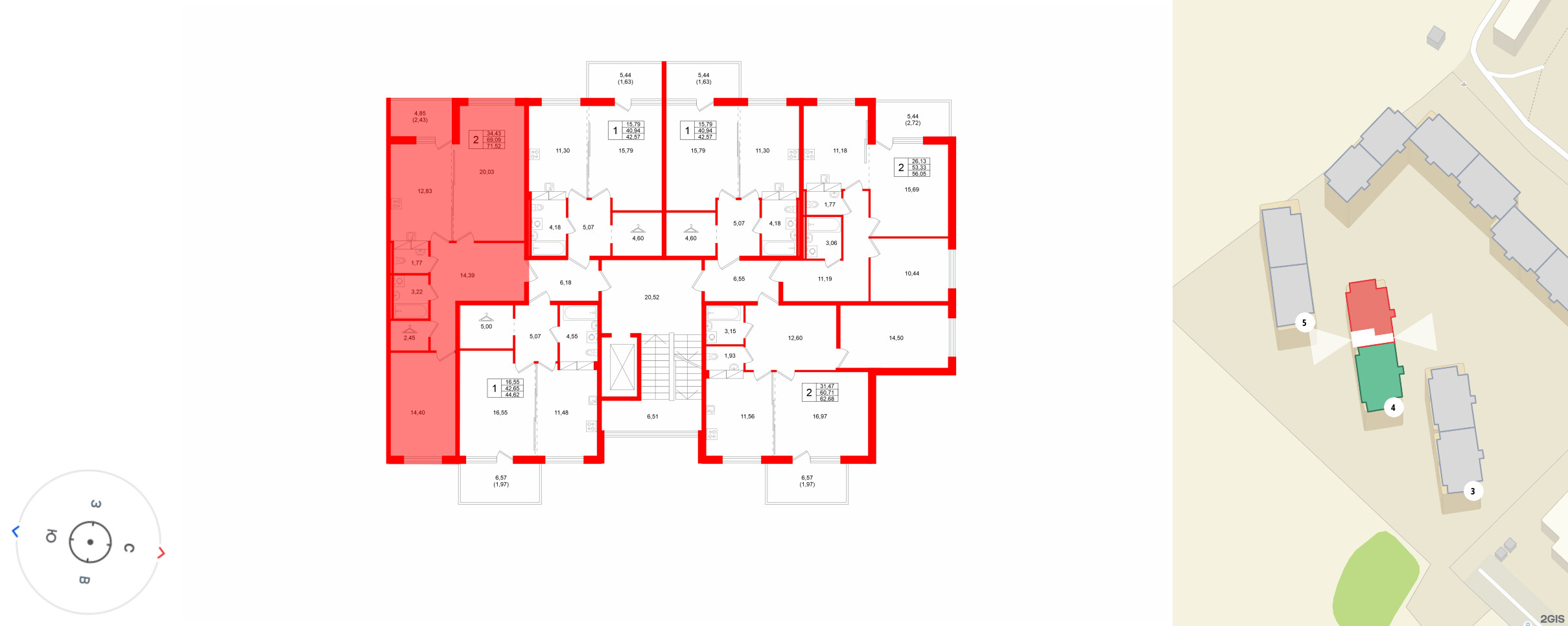 Квартира в ЖК «Финский Квартал», 2 комнатная, 71.52 м², 2 этаж