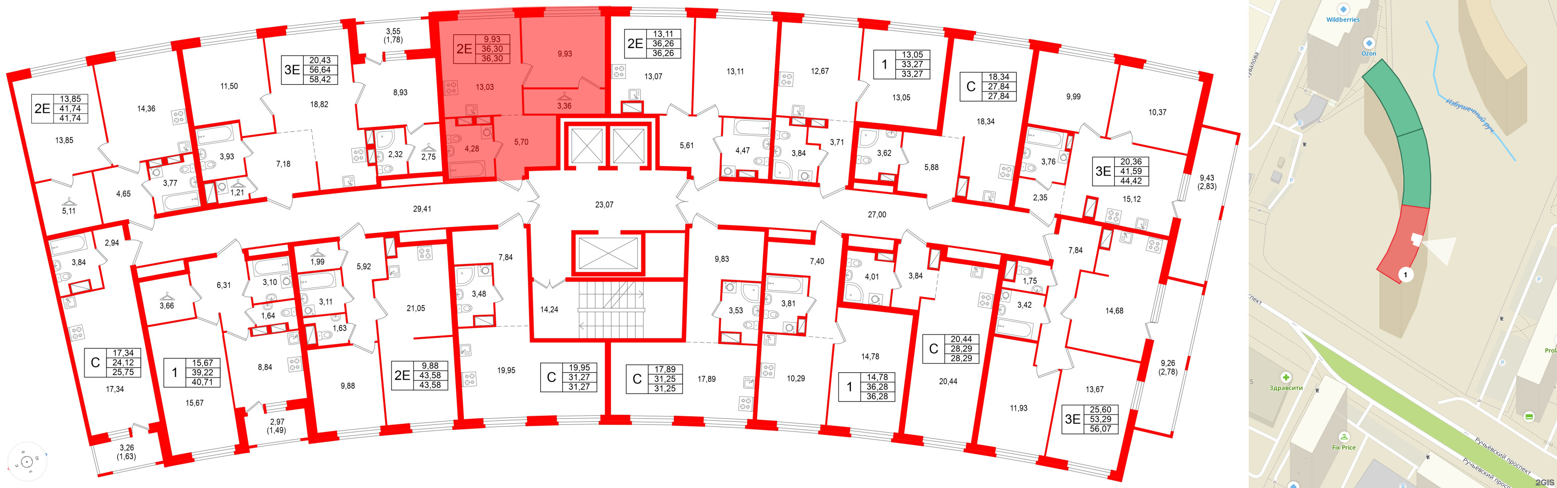 Квартира в ЖК Аквилон Riva, 1 комнатная, 36.3 м², 12 этаж