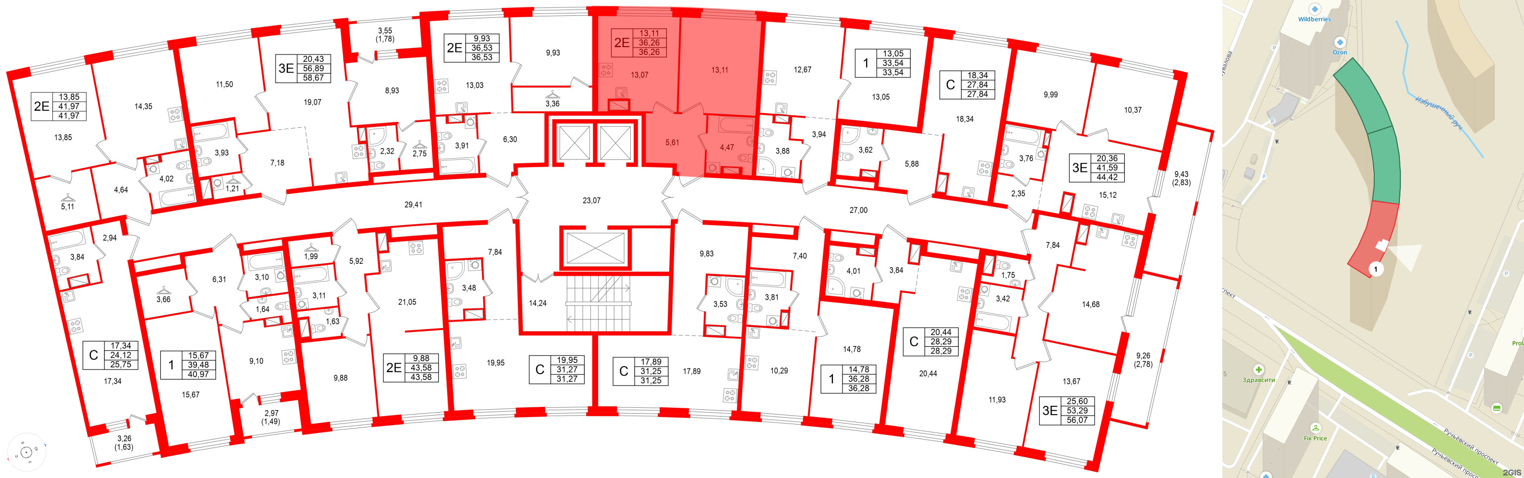 Квартира в ЖК Аквилон Riva, 1 комнатная, 36.26 м², 9 этаж