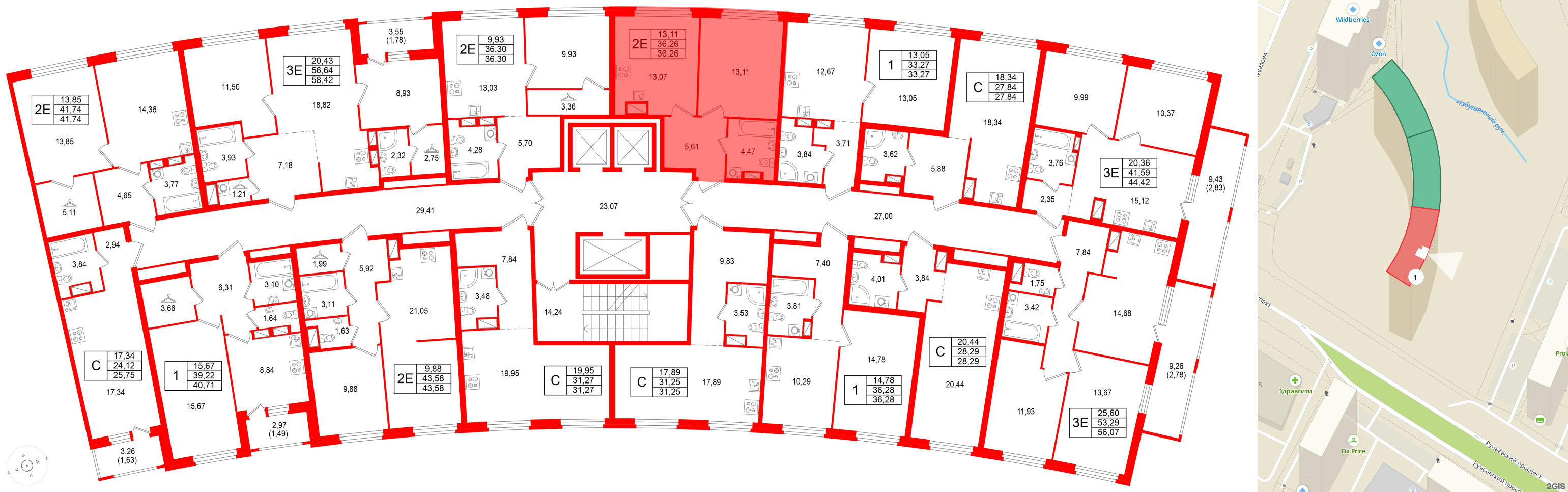 Квартира в ЖК Аквилон Riva, 1 комнатная, 36.26 м², 13 этаж