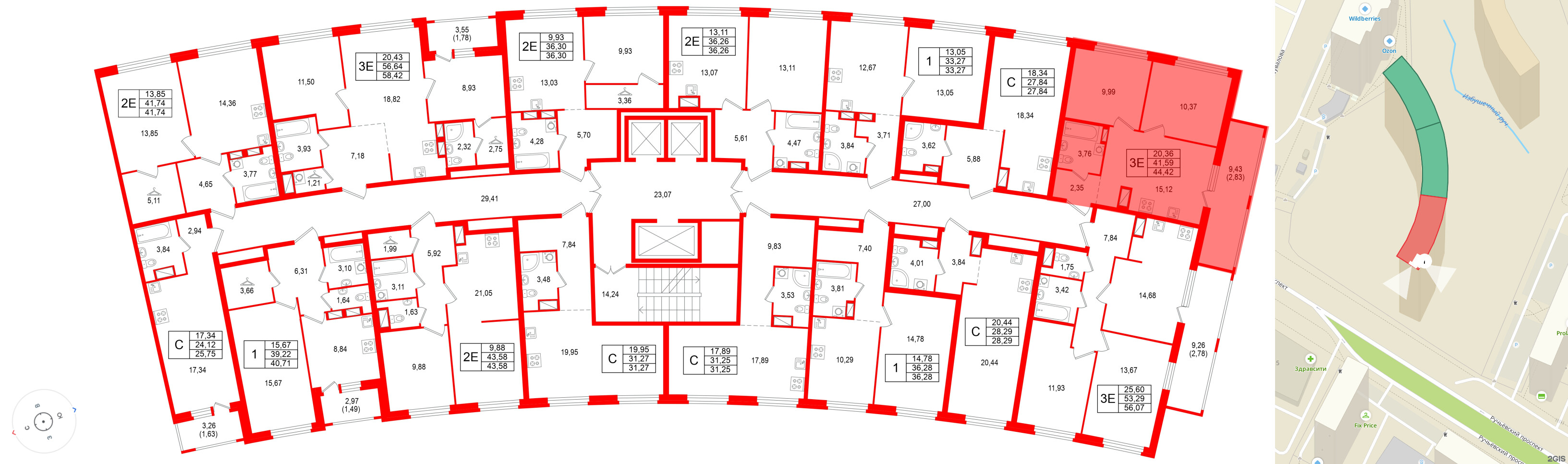 Квартира в ЖК «Аквилон Рива», 2 комнатная, 44.42 м², 14 этаж