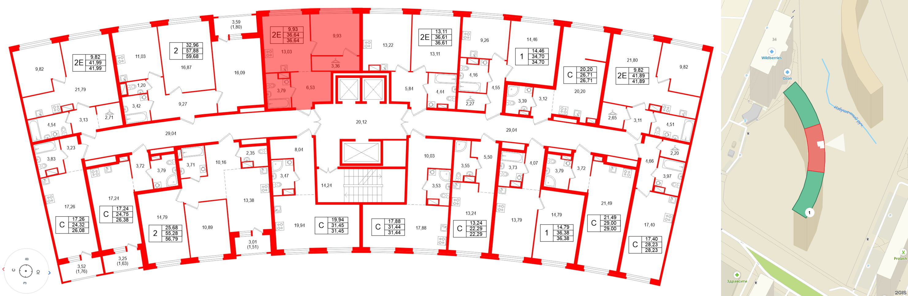 Квартира в ЖК Аквилон Riva, 1 комнатная, 36.64 м², 8 этаж
