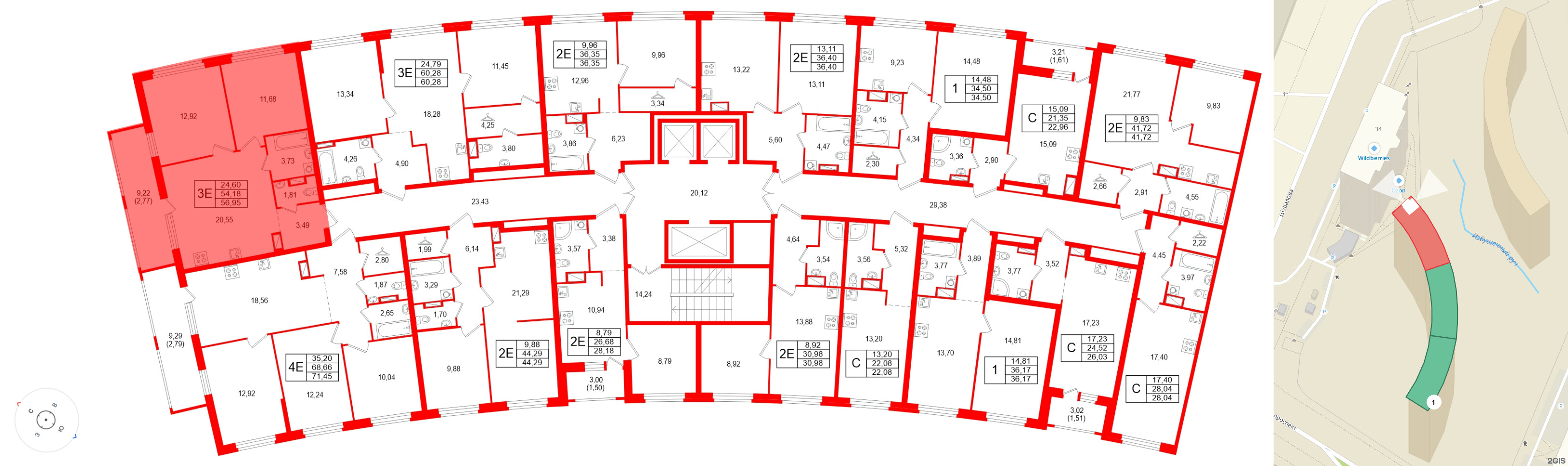 Квартира в ЖК «Аквилон Рива», 2 комнатная, 56.95 м², 11 этаж