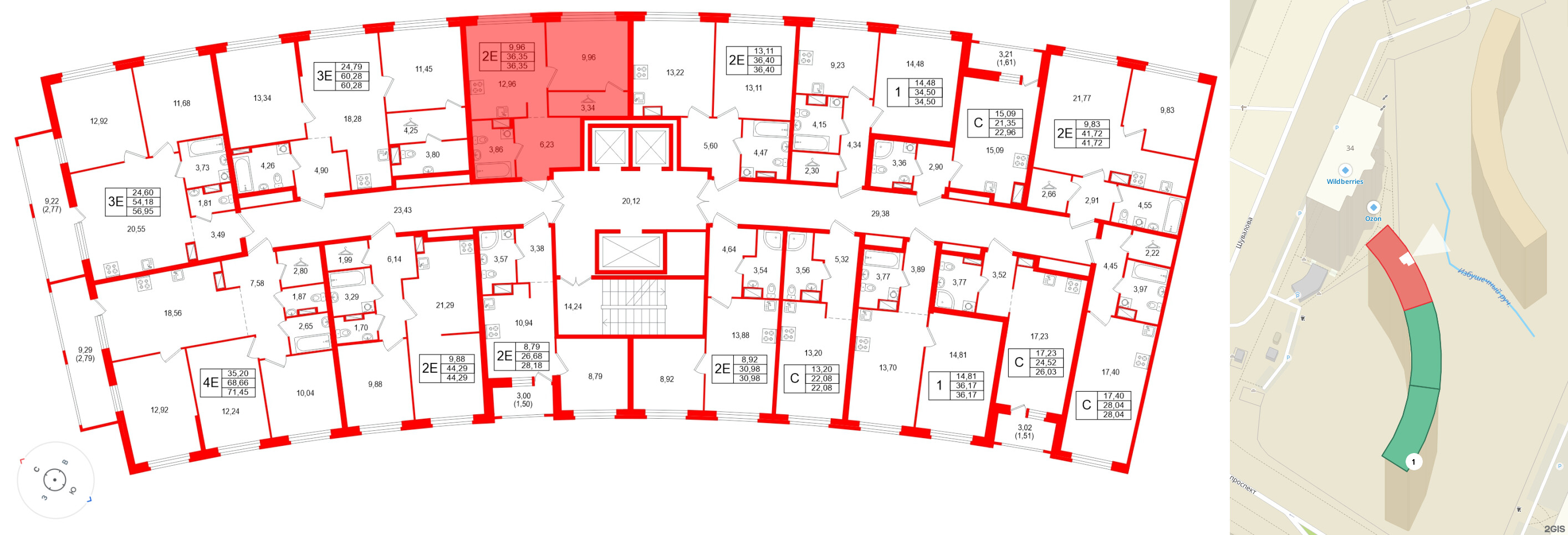Квартира в ЖК Аквилон Riva, 1 комнатная, 36.35 м², 12 этаж
