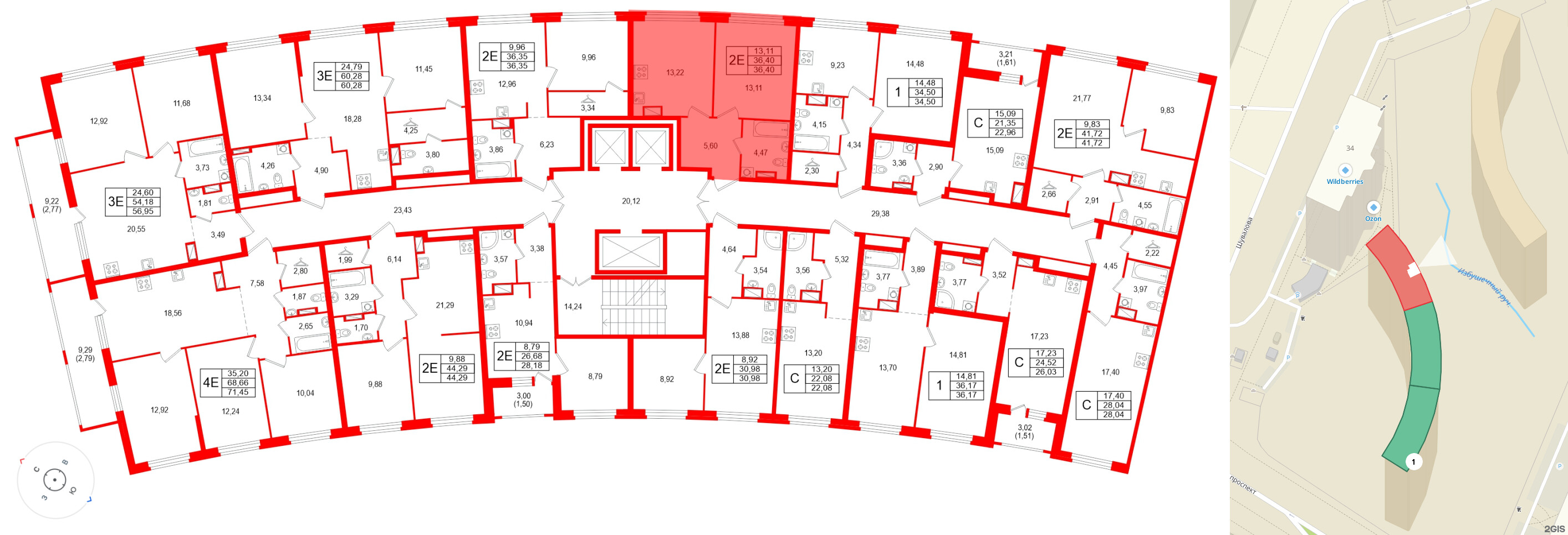 Квартира в ЖК Аквилон Riva, 1 комнатная, 36.4 м², 15 этаж