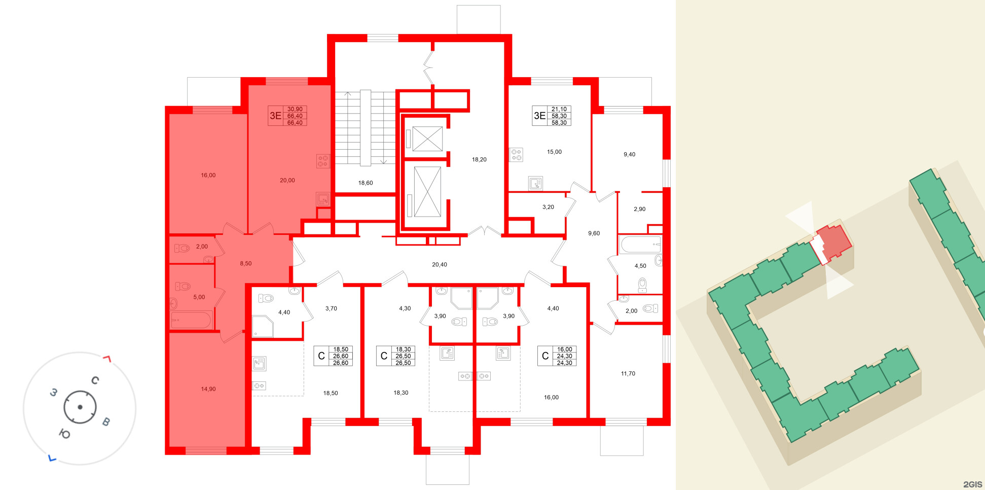 Квартира в ЖК Клюква.Парк, 2 комнатная, 66.4 м², 2 этаж