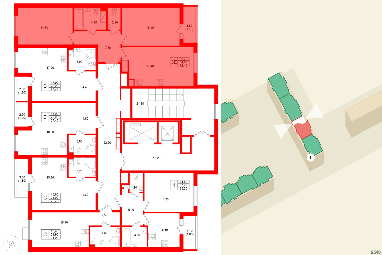 Квартира в ЖК Клюква.Парк, 2 комнатная, 66.4 м², 11 этаж