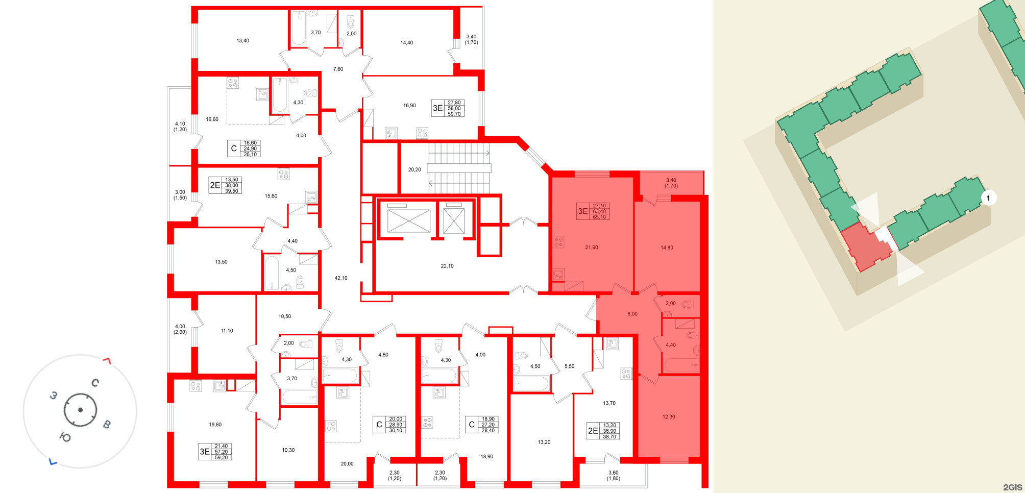 Квартира в ЖК Клюква.Парк, 2 комнатная, 65.1 м², 6 этаж