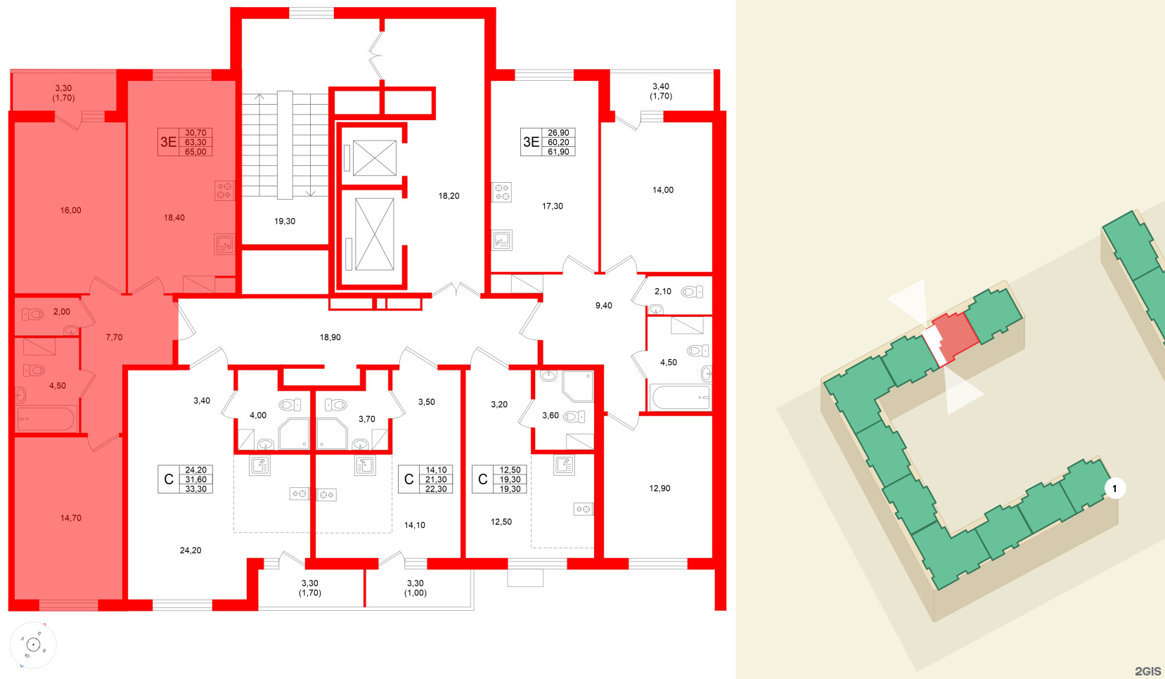 Квартира в ЖК Клюква.Парк, 2 комнатная, 65 м², 3 этаж