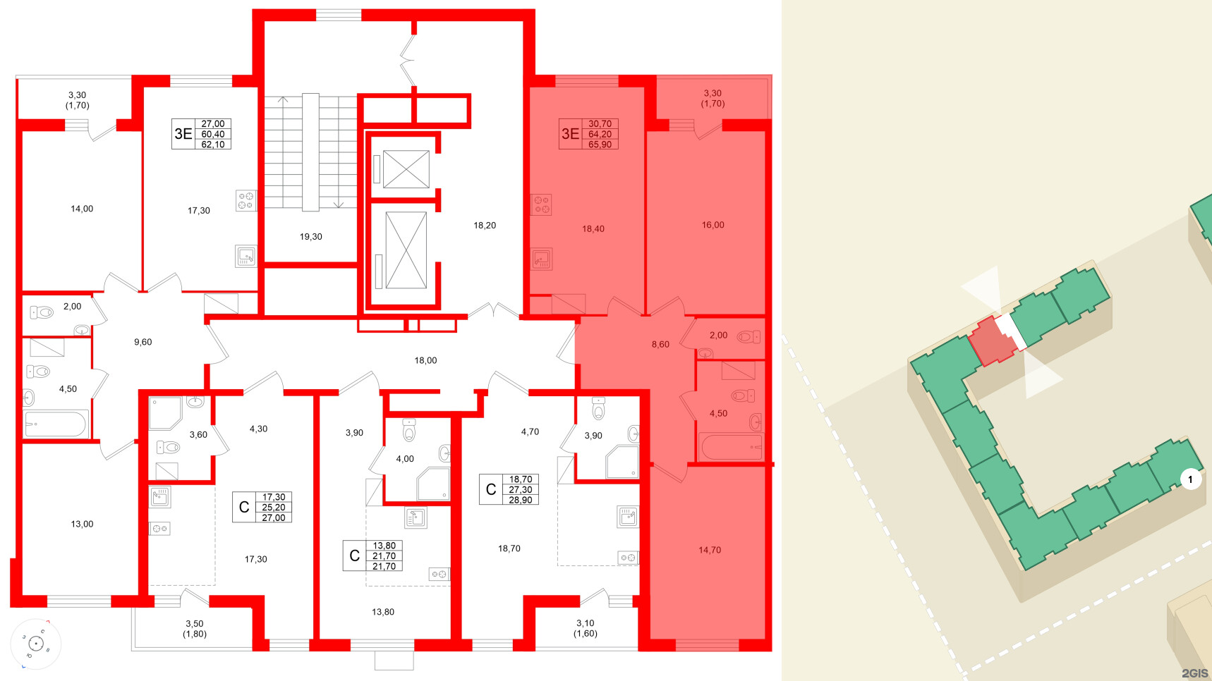 Квартира в ЖК Клюква.Парк, 2 комнатная, 65.9 м², 3 этаж