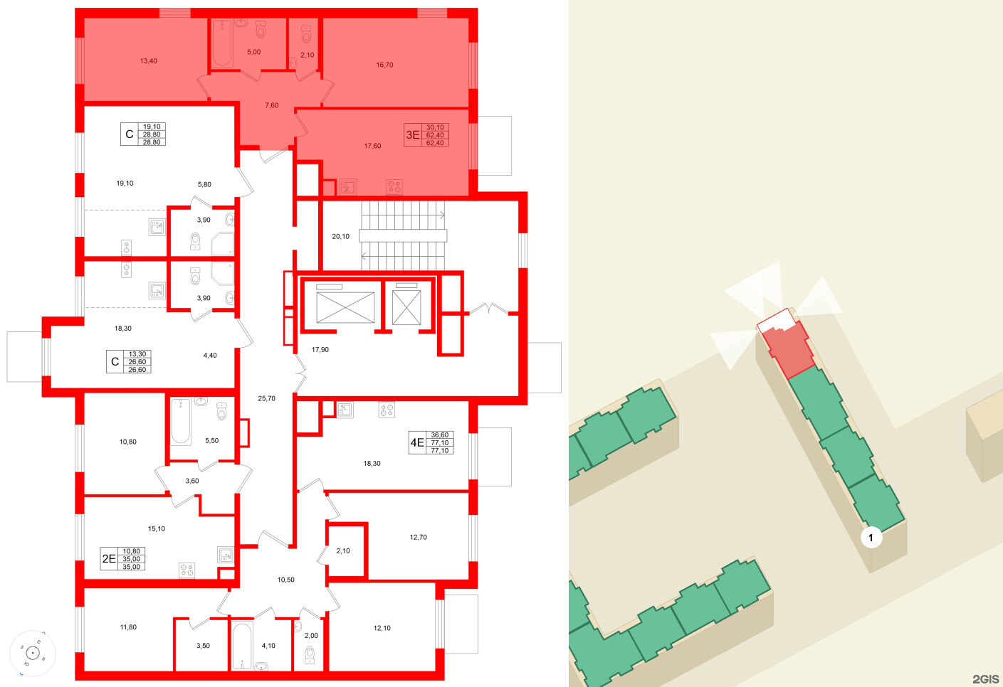 Квартира в ЖК Клюква.Парк, 2 комнатная, 62.4 м², 2 этаж