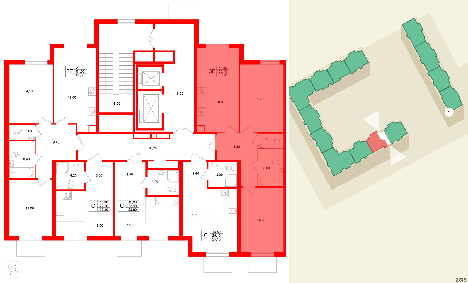 Квартира в ЖК Клюква.Парк, 2 комнатная, 65.1 м², 2 этаж