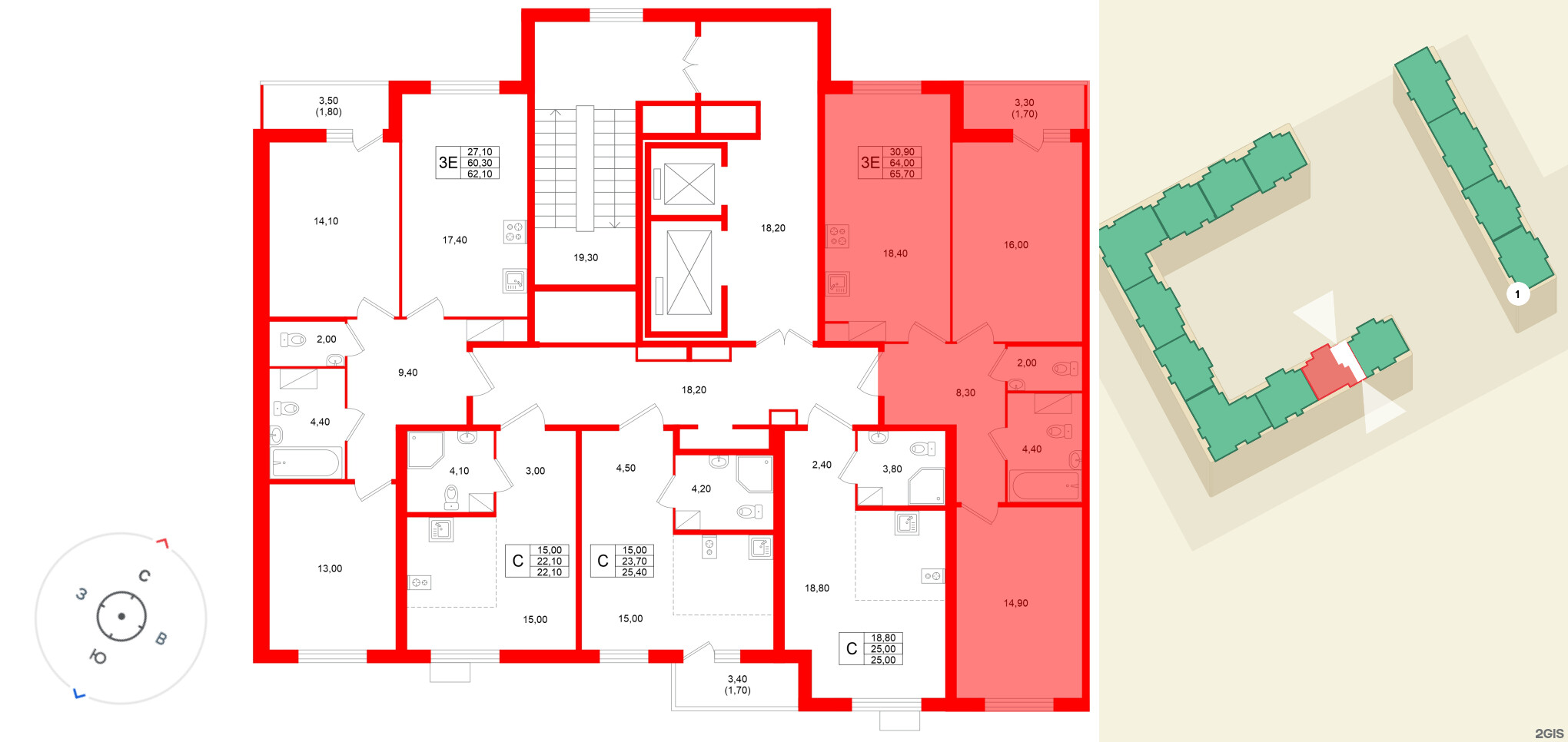 Квартира в ЖК Клюква.Парк, 2 комнатная, 65.7 м², 4 этаж