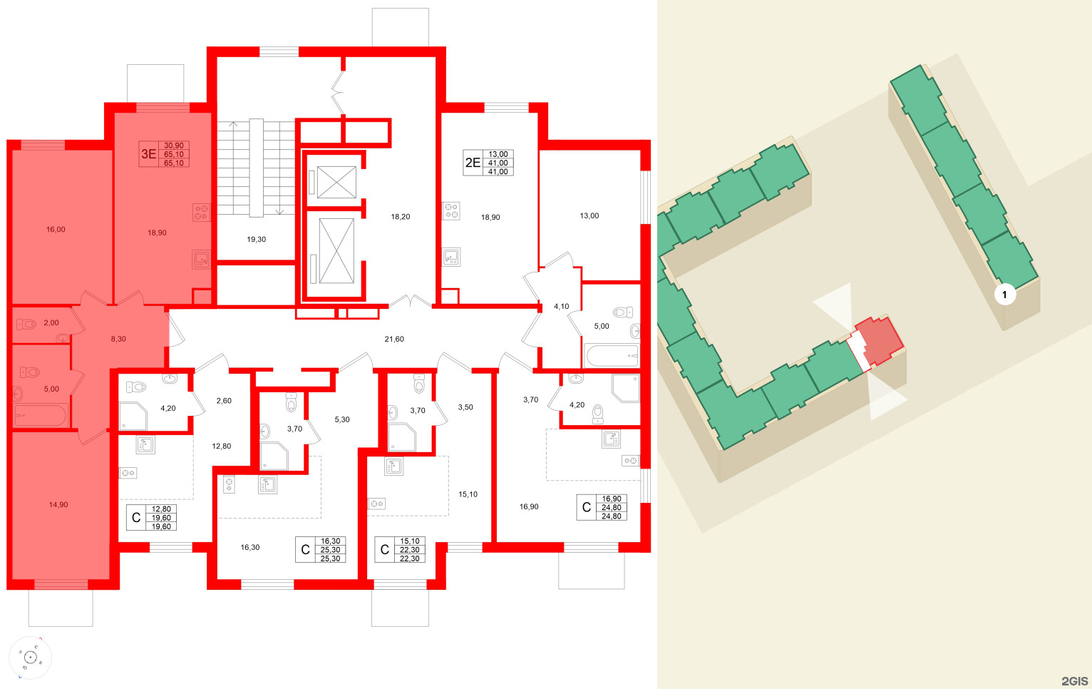 Квартира в ЖК Клюква.Парк, 2 комнатная, 65.1 м², 2 этаж