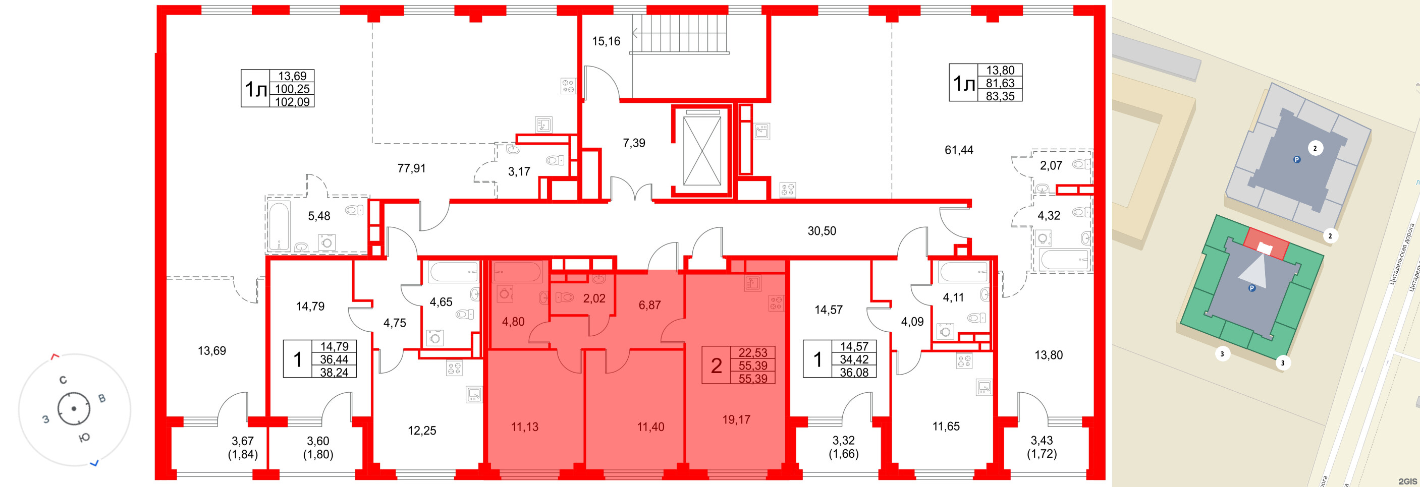 Квартира в ЖК «Кронфорт», 2 комнатная, 55.39 м², 4 этаж