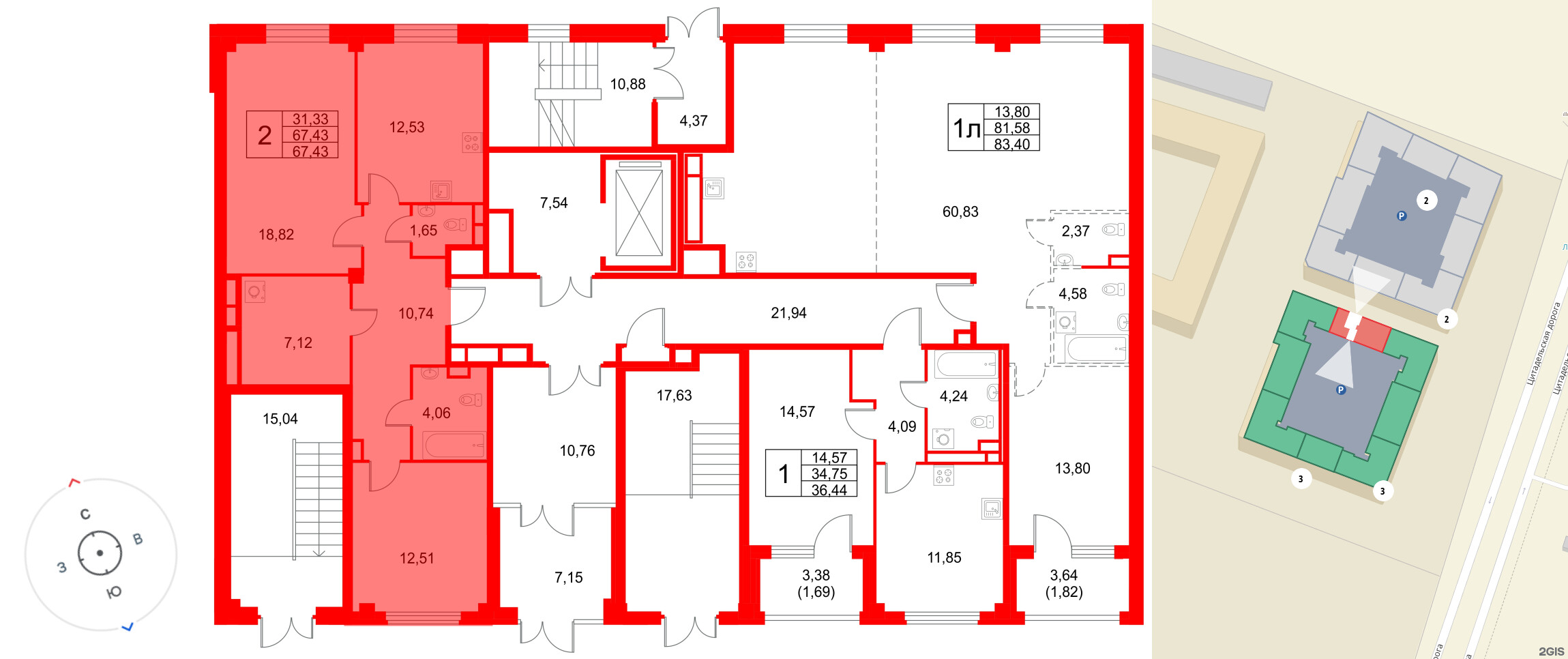 Квартира в ЖК «Кронфорт», 2 комнатная, 67.43 м², 1 этаж