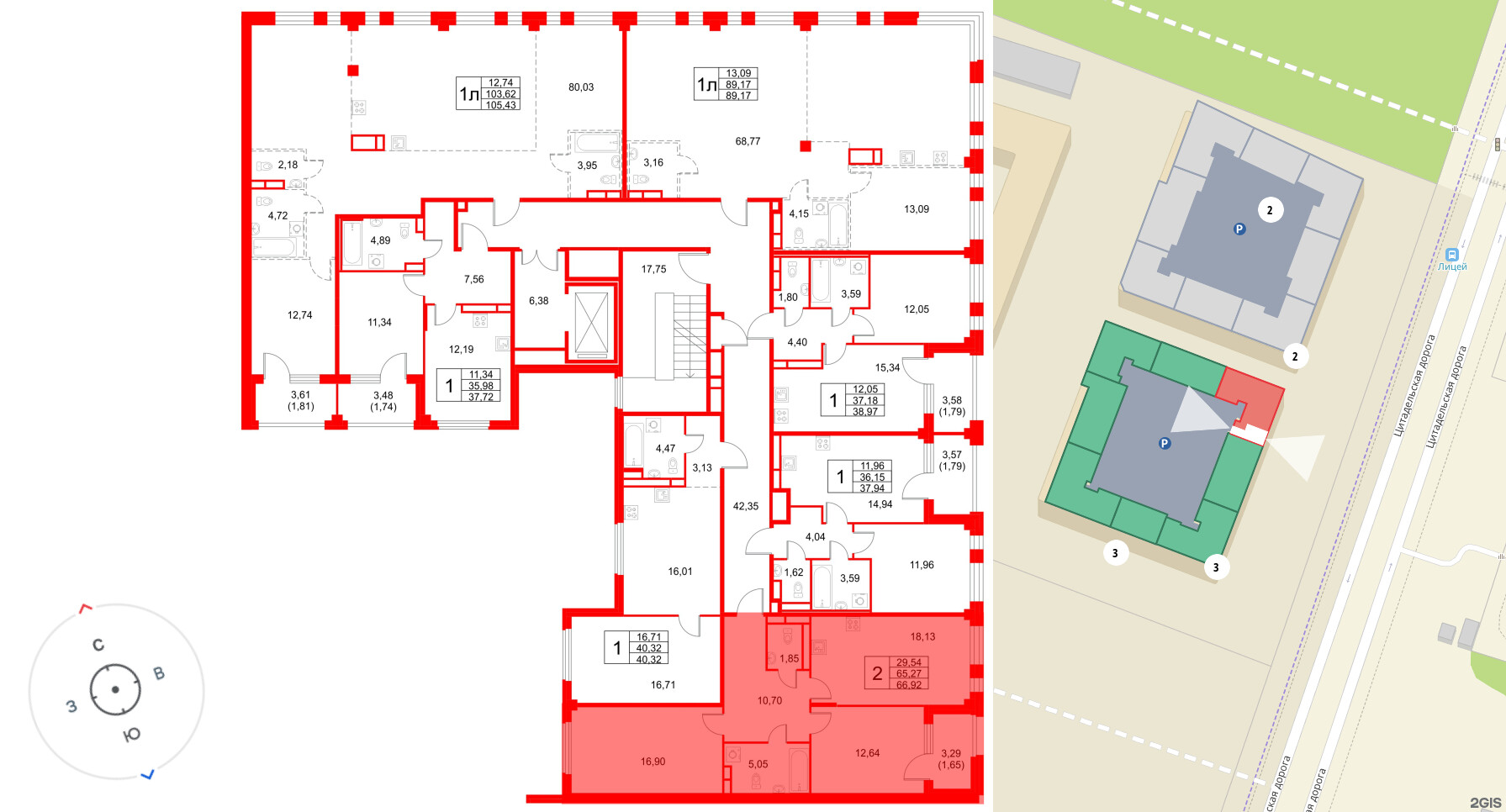 Квартира в ЖК Кронфорт, 2 комнатная, 66.92 м², 2 этаж
