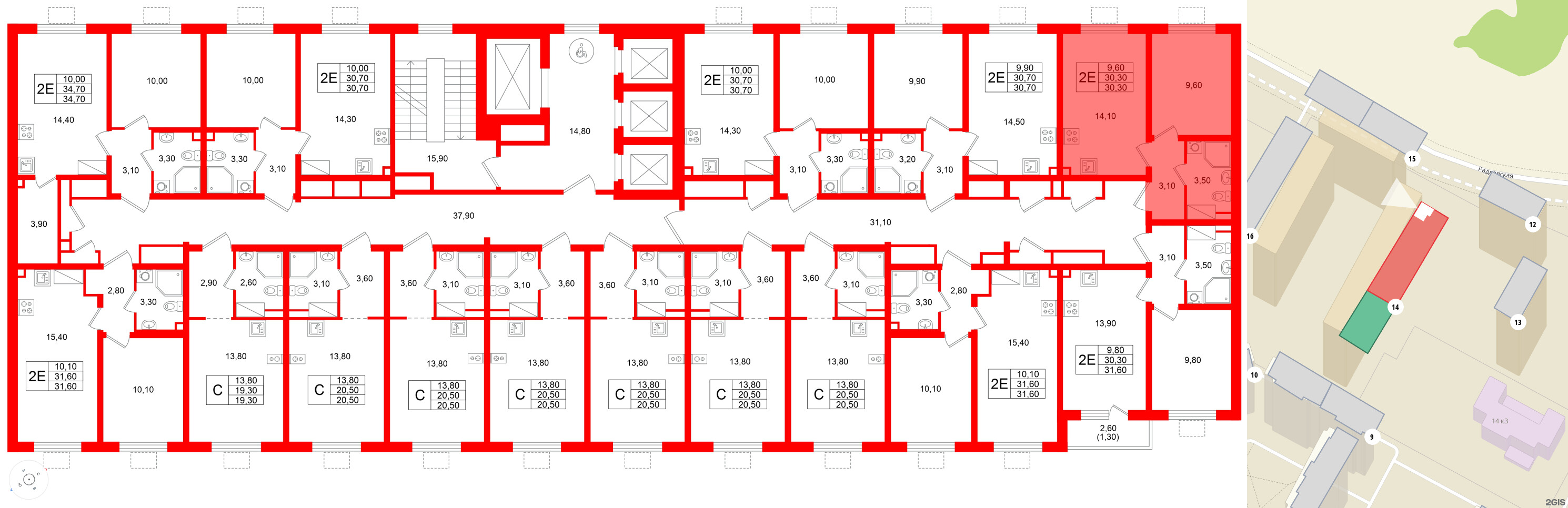 Квартира в ЖК «Ручьи–2», 1 комнатная, 30.3 м², 13 этаж