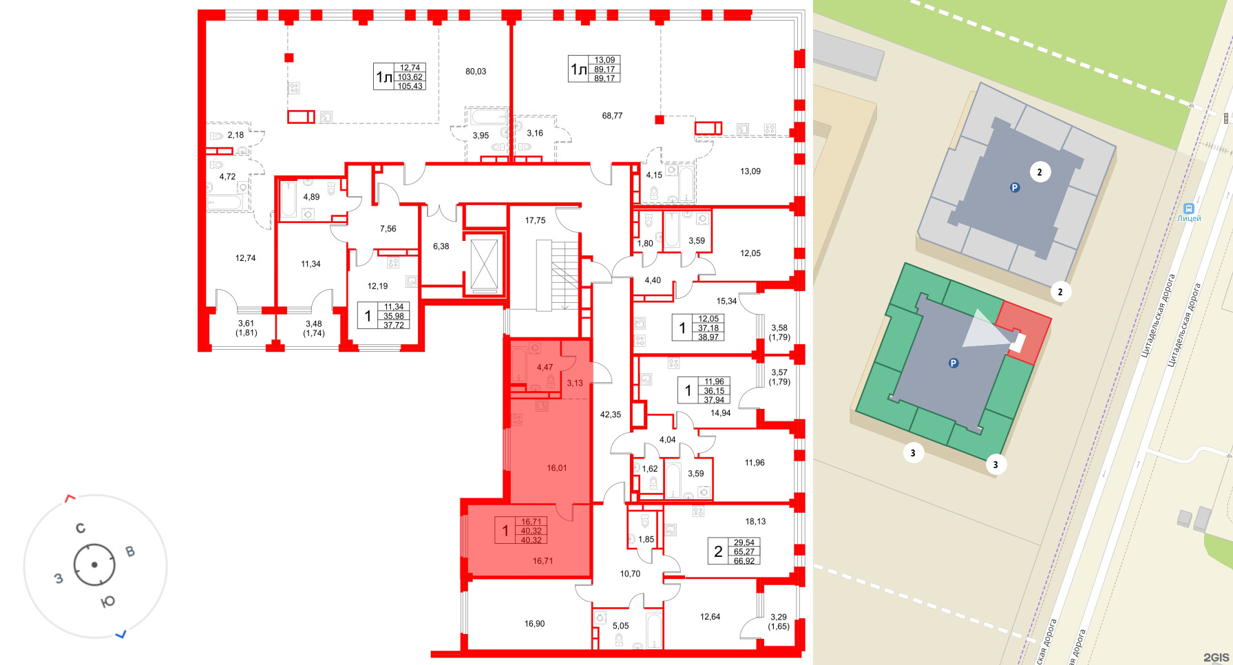 Квартира в ЖК Кронфорт, 1 комнатная, 40.32 м², 2 этаж