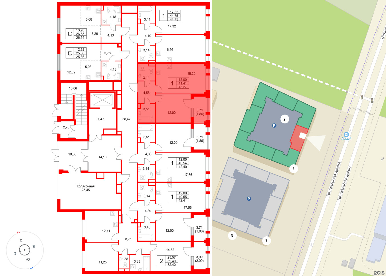 Квартира в ЖК Кронфорт, 1 комнатная, 43.27 м², 1 этаж