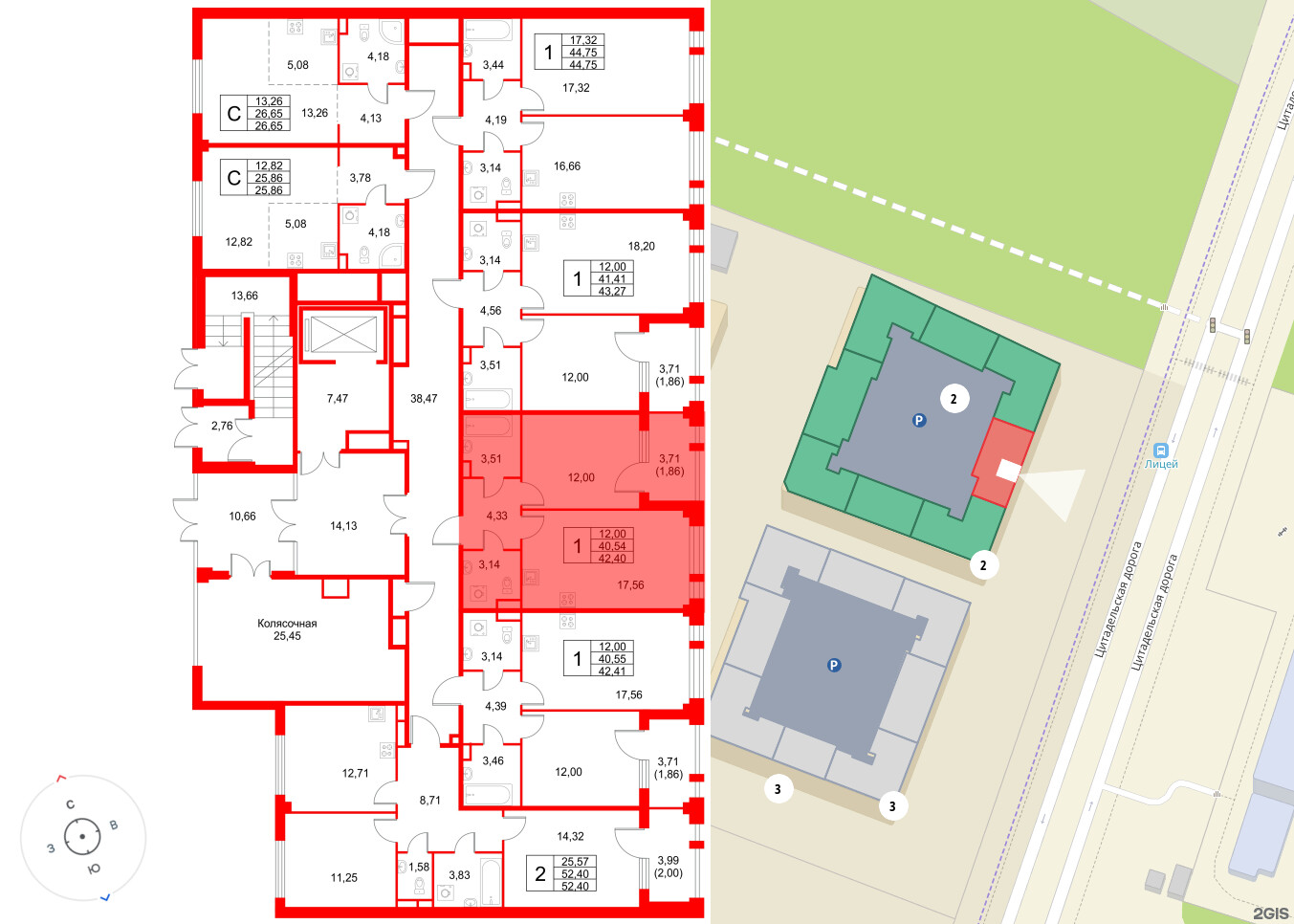 Квартира в ЖК Кронфорт, 1 комнатная, 42.4 м², 1 этаж