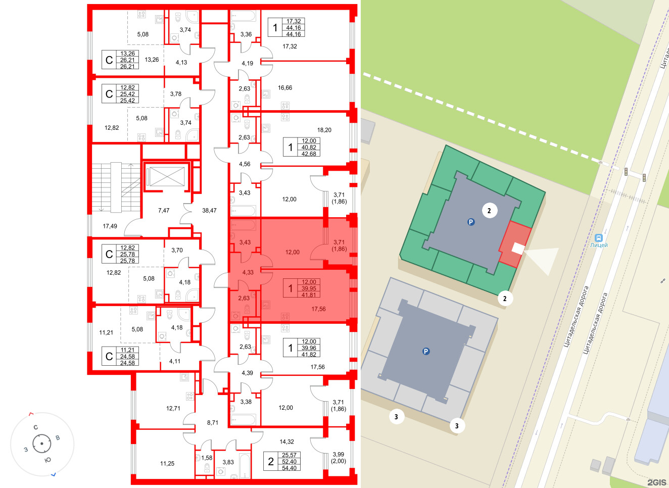 Квартира в ЖК Кронфорт, 1 комнатная, 41.81 м², 2 этаж