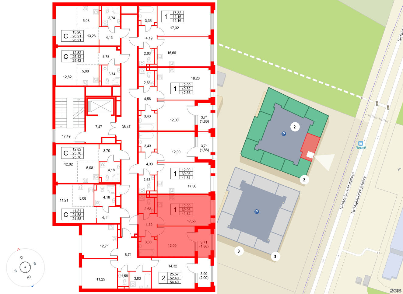 Квартира в ЖК Кронфорт, 1 комнатная, 41.82 м², 2 этаж