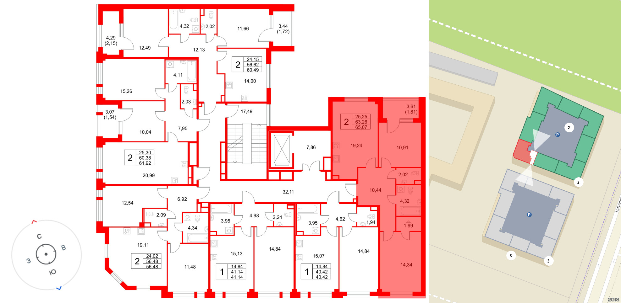 Квартира в ЖК Кронфорт, 2 комнатная, 65.07 м², 2 этаж