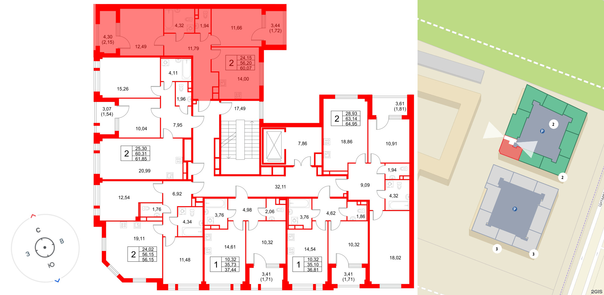 Квартира в ЖК «Кронфорт», 2 комнатная, 60.07 м², 3 этаж