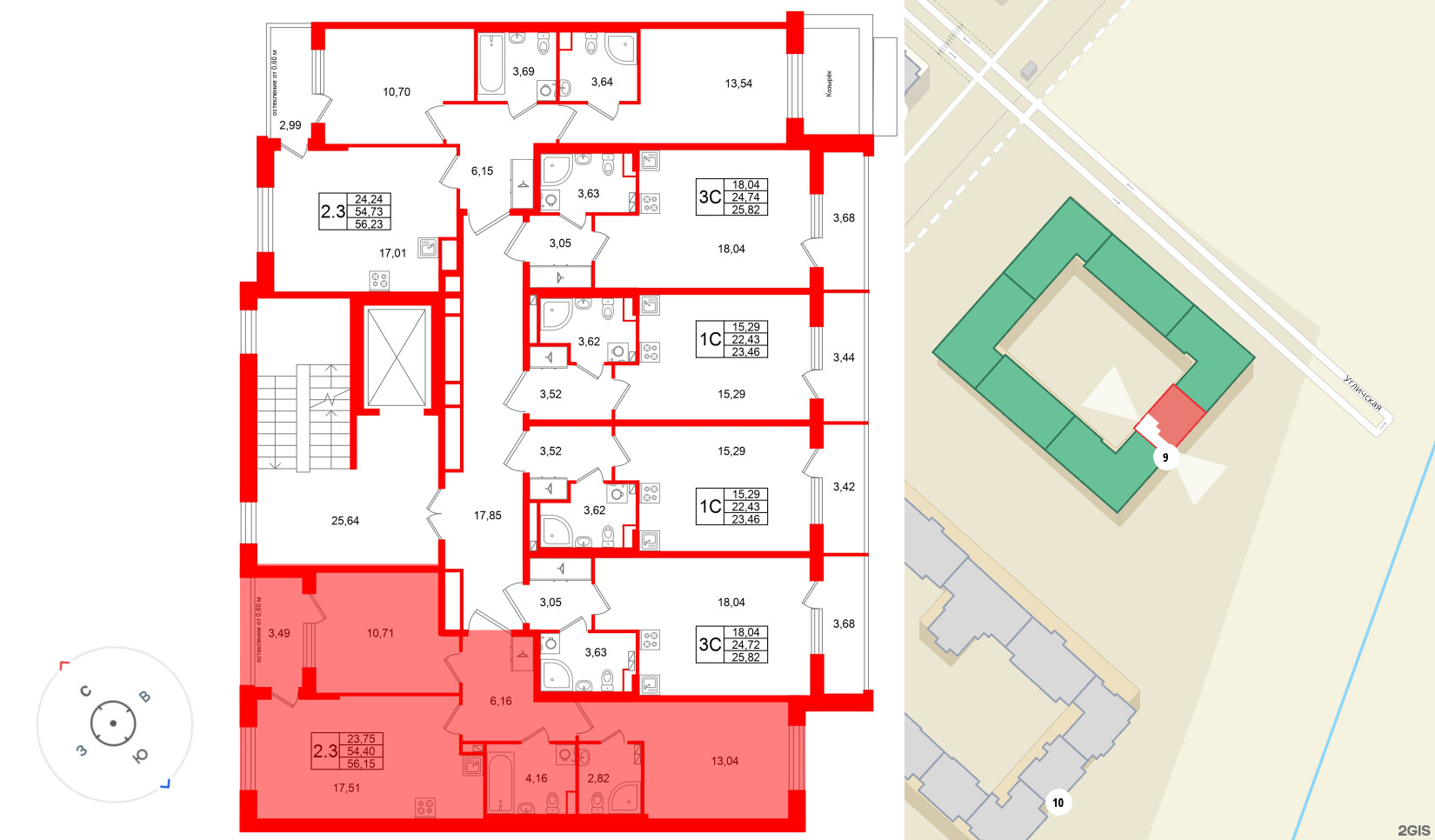 Квартира в ЖК Универ Сити, 2 комнатная, 54.4 м², 2 этаж