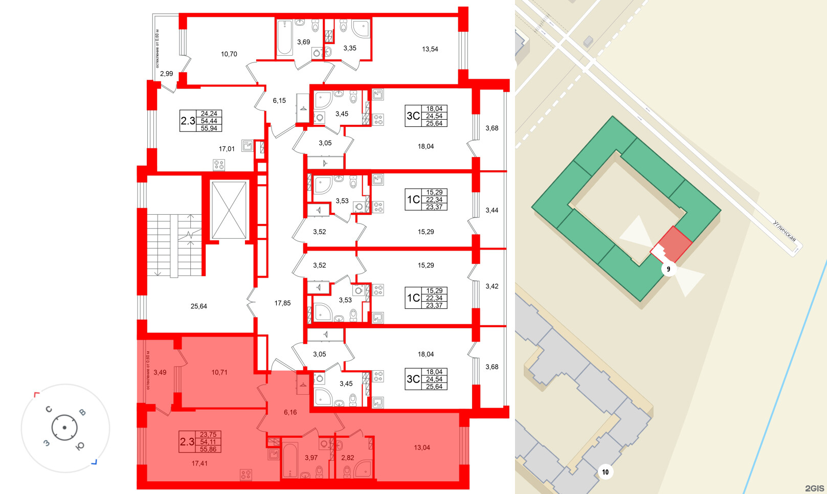 Квартира в ЖК Универ Сити, 2 комнатная, 54.11 м², 4 этаж