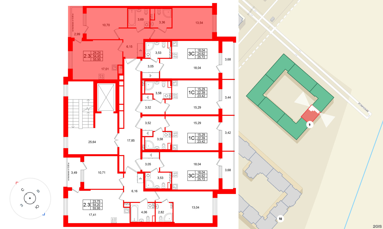 Квартира в ЖК Универ Сити, 2 комнатная, 54.45 м², 3 этаж