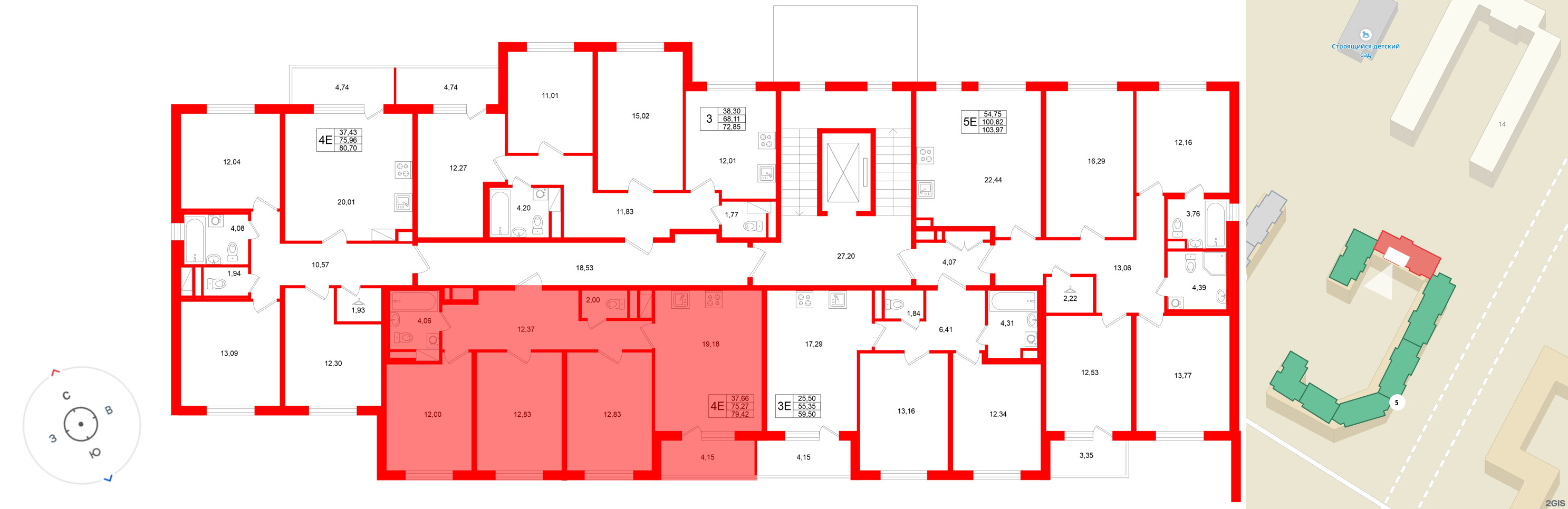 Квартира в ЖК «Югтаун», 3 комнатная, 79.42 м², 2 этаж