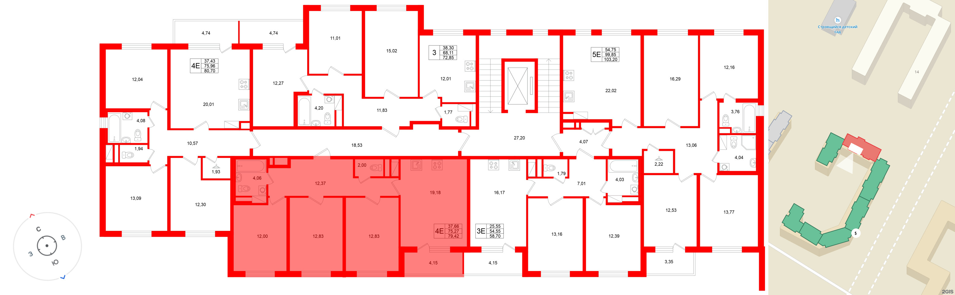 Квартира в ЖК «Югтаун», 3 комнатная, 79.42 м², 4 этаж