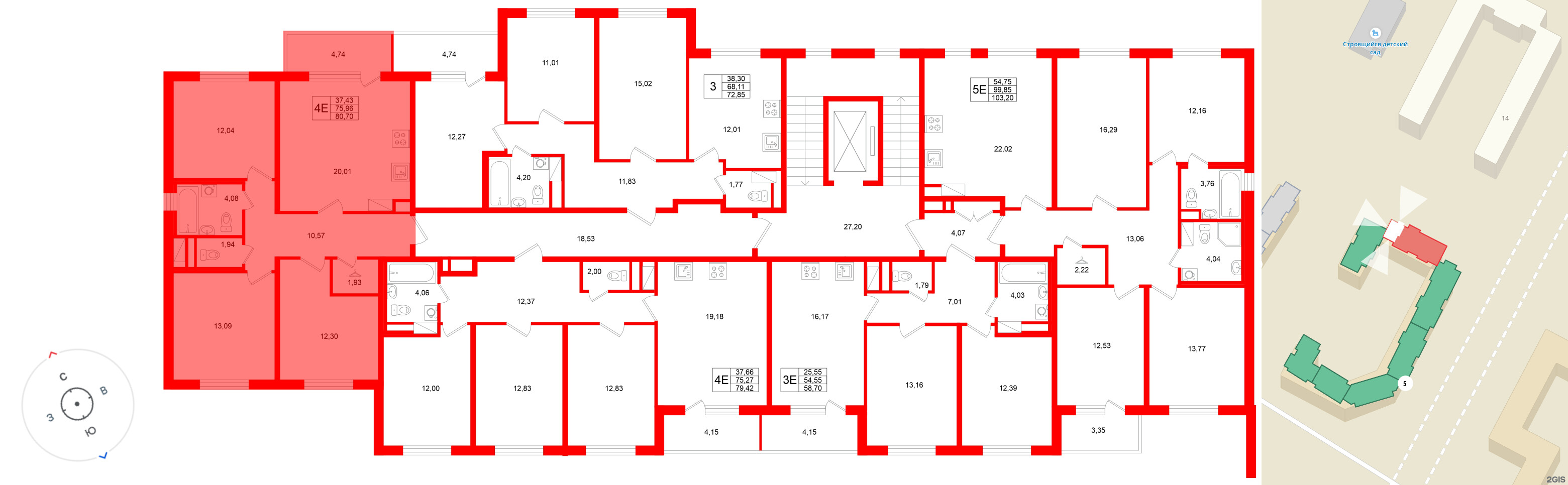 Квартира в ЖК «Югтаун», 3 комнатная, 80.7 м², 3 этаж